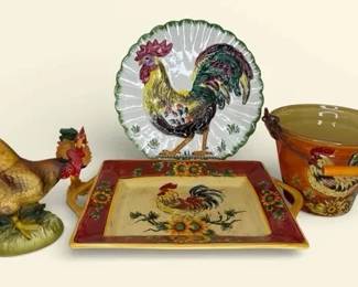 HandPainted Rooster Kitchen Decor Lot Tray, Plate, Bucket  Ceramic Hen