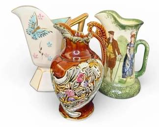 3pc Vintage Pitcher Group Royal Doulton, Stangl Antique Gold, English Majolica