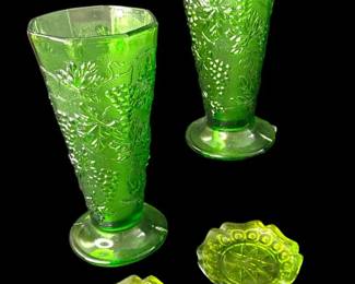 Vintage Green Pressed Glass Vases and L.E. Smith Moon Stars green glass ashtray. Ashtrays