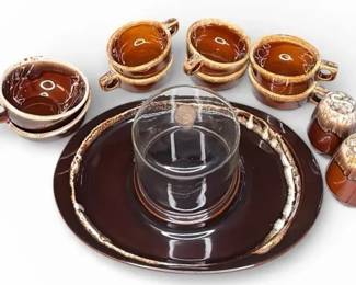 Vintage Hull and McCoy Pottery Brown Drip Glaze Lot Cheese Dome French Onion Bowls and Chili Mugs