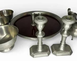 Mixed Pewter Serving and Decor Lot with Bowls, Tray, Candlesticks and Covered Dish