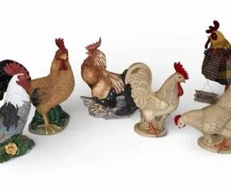Large Farmhouse Rooster Lot Royal Haeger USA Pottery Pair and Resin Statues