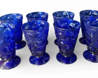 Vintage Set of 8 Cobalt Blue Handblown Art Glass Footed Goblets Crinkle Thumbprint Texture