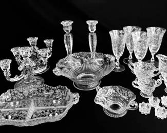 Elegant Rose Point Etched Crystal Glassware Collection