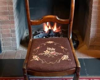 Vintage Carved Wood Side Chair with Needlepoint Seat and Footstool