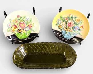 CapodimonteStyle 3D Floral Porcelain Wall Plates and Indiana Glass Basket Weave Celery Dish