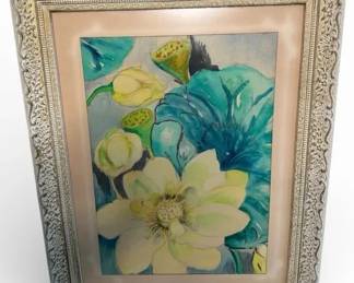 1971 Original Watercolor by Yoko MatsuWiebe  Nelumbo lutea American Lotus  Framed