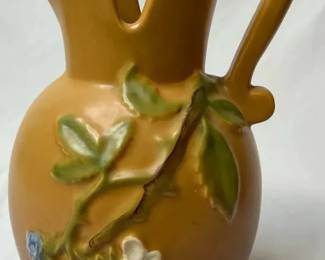 Signed Art Pottery Jug with Sculpted Floral Motif