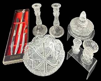 Cut Crystal Collection Including Hofbauer Byrdes Bird Toothpick Holder Solingen Carving Set