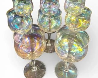 8 Iridescent Carnival Style Stemmed Wine Glasses Vintage Luster Finish