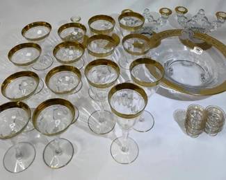 Vintage GoldPlated Rim Glassware and Serving Set with Bowl, Stemware, Candleholders, and Dishes
