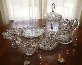 Vintage Cut Crystal Serving Pieces Lot 6  Pitcher, Bowls, Pedestal Dish, Covered Candy