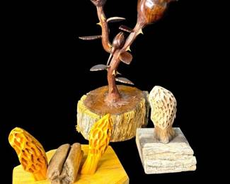 Hand Carved Wooden Rose Sculpture with Morel Mushrooms by Bob Colborn