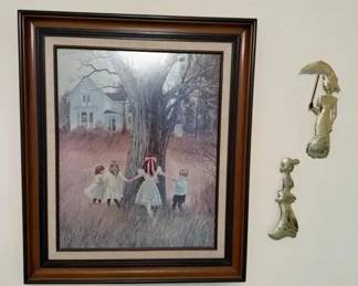 Framed Textured Print of Children Playing by Tree Vintage Pastoral Scene