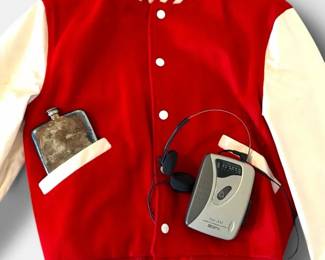 Vintage Butwin Letterman Jacket, Silver Flask, and GPX FM AM Personal Cassette Player