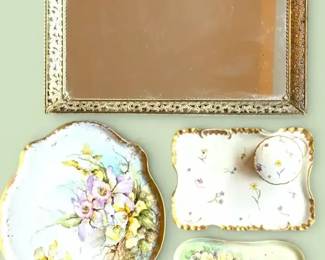 Limoges France HandPainted Porcelain Vanity Set with Gilt Tray