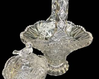 Hofbauer Byrdes Cut Crystal Basket with Handle and Covered Sugar Bowl