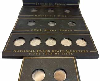 U.S. Coin Type Set Display with Jefferson Nickels, Roosevelt Dimes, Steel Penny State Quarters
