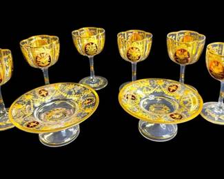 Vintage Bohemian Gilt Glass Goblet Set with Ruby Cartouches Matching Candle Stands
