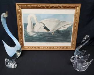 CT231Audubon Swan Print And Swan Art Glass