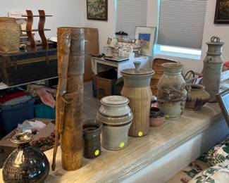 Ceramic stoneware, Wing lee wai pot, Jko pottery, earthenware, Japanese style pottery, Filipino bamboo blowgn quiver, silver tone lamp.