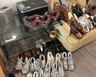 Sneakers, new balance, Nike, Adidas mean Italy, leather shoes, dress shoes, men’s size 8 1/2 and women’s size 10. HP printer, glass entertainment unit table, space heater, heart baskets, air conditioning tower