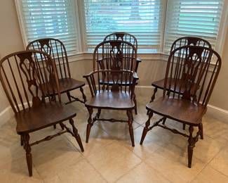 Up for pre-sale six solid oak Windsor style chairs