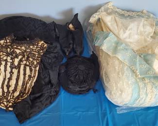 1900's 2-piece with hat and button-up boots. Vintage wedding dress with headpiece and gloves.