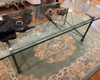 Glass top rectangular coffee table with steel legs (18” x 22” x 5’) $200 + tax