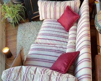 Vintage wood framed love seat with striped cushions (5’ x 29” x 30“) $200 + tax