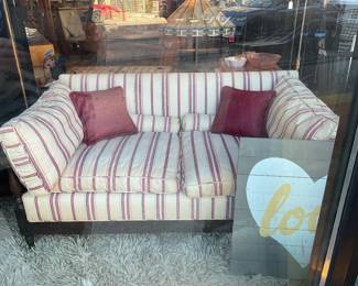 Vintage wood framed love seat with striped cushions (5’ x 29” x 30“) $200 + tax