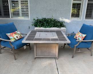 Fire pit table with 2 Comfortable Chairs. Table 42” x42”
