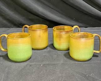 4 Green & Brown Glazed Pottery Stoneware Mugs