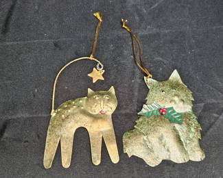 2 Folk Art Flat Metal Cat Christmas Ornaments