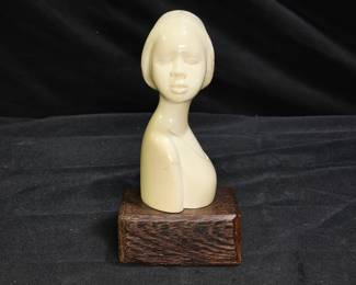 African Bone Carving of Woman on Wood Base