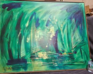 HUGE Lee Reynolds Green Abstract Sailboats Oil