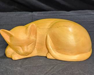 Hand Carved Natural Wood Sleeping Cat Sculpture