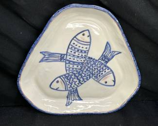Signed Stoneware Plate with Fish Design