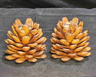 2 Vintage Cast Iron Pine Cone Taper Candle Holder