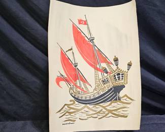 Signed Watercolor & Acrylic Painting of Ship