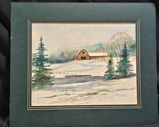Barn in Snow Watercolor by Karen Whittey Watson