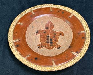 Redware Pottery Woven Rim Turtle Design Plate