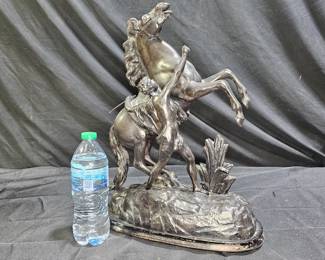 Vintage Man & Rearing Horse Metal Statue