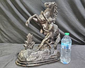 Vintage Man & Rearing Horse Metal Statue