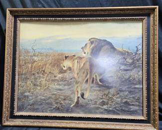 "Lions at Sunset-Tanganyika" Framed Oleograph