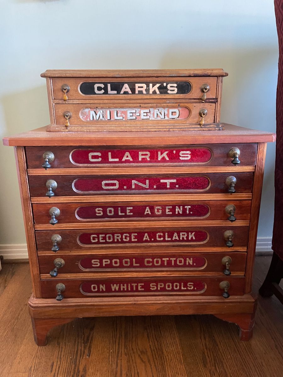 #15	LARGE Antique George A Clark - Advertising Spool Cabinet - 6 Drawers really good condition, brass drawer pulls.	--	 $ 950.00 																					