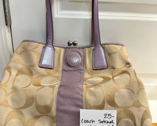 #52 Coach kiss lock satchel handbag. Logo canvas, lavender leather trim. $ 25.00