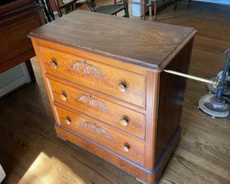 #25 Antique Oak Chest of drawers, 3 drawers on casters. With towel rack pull out. 30x16x31 $ 150.00