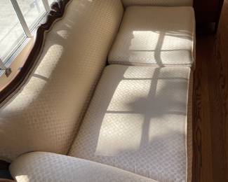 #33 Antique cream upholstery sofa w carved wood trim - good condition 6 ft $ 175.00