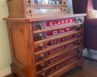 #15 LARGE Antique George A Clark - Advertising Spool Cabinet - 6 Drawers really good condition, brass drawer pulls. -- $ 950.00